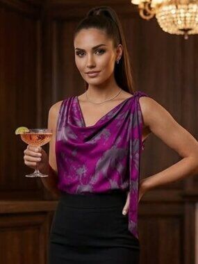 CAbi Purple Fuscia Cowl Neck 100% Silk Sleeveless Asymmetrical Blouse Top, Large